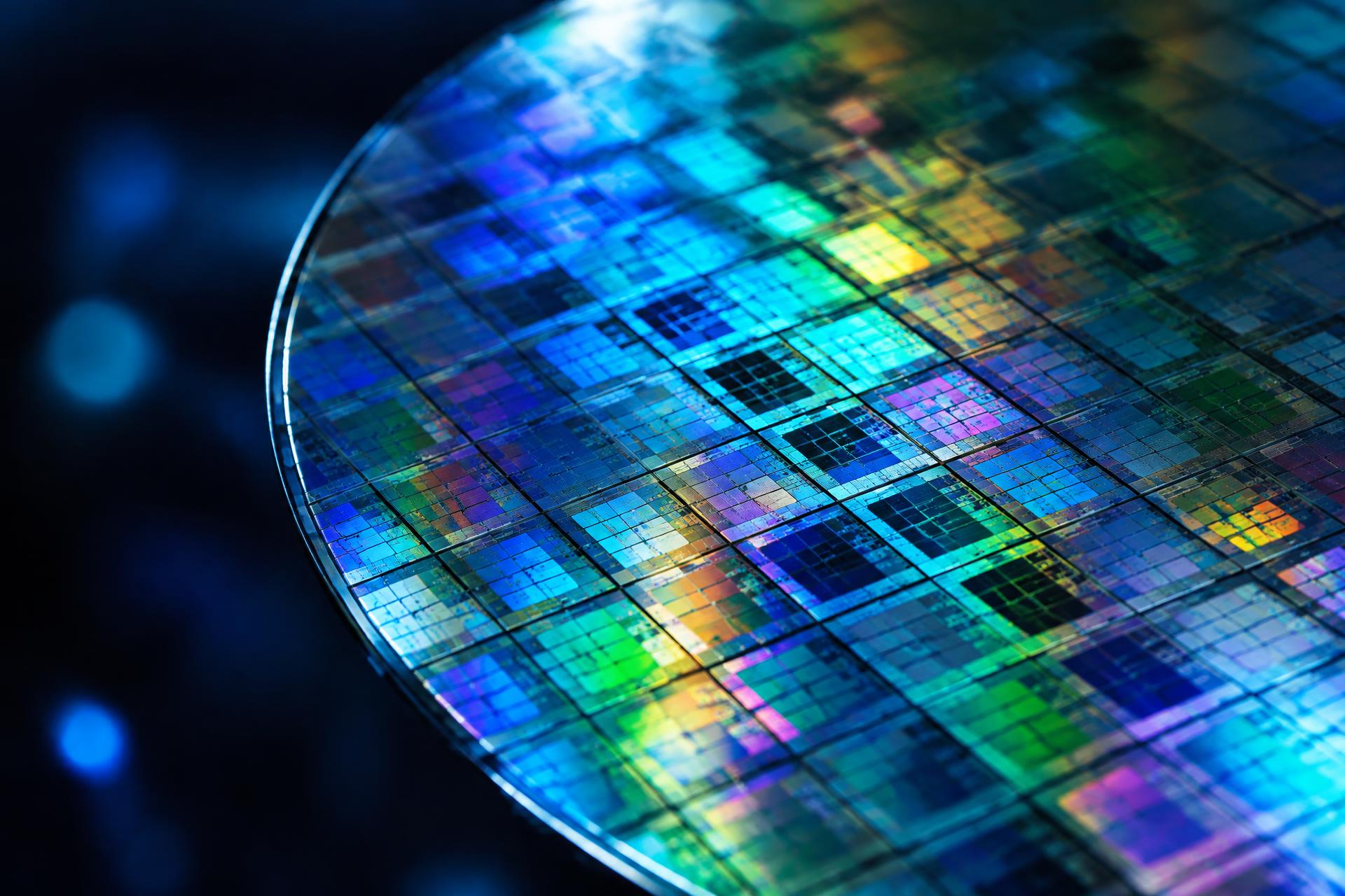 Macro view of an iridescent silicon wafer patterned with semiconductor dies